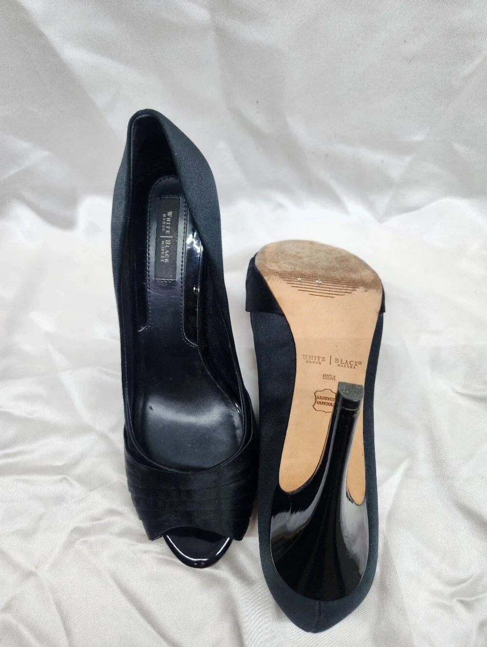 White House Black Market Black Peep-Toe Pleated Satin Heels